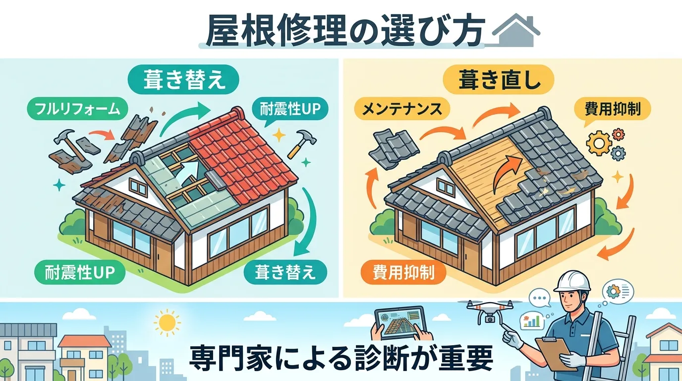 現代日本をベースに、日本人や日本の風景を使用すること, 「屋根修理の選び方」というタイトルのインフォグラフィック。画面を左右に分け、左に「葺き替え」、右に「葺き直し」を比較。葺き替えは屋根全体が新品に