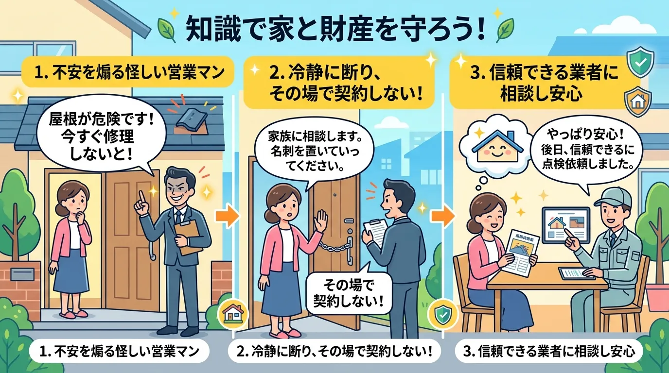 現代日本をベースに、日本人や日本の風景を使用すること, 屋根修理の飛び込み営業への対処法を描いたインフォグラフィック。フラットデザインの明るいデジタルイラストで、3ステップの構成。1.「屋根が危険です