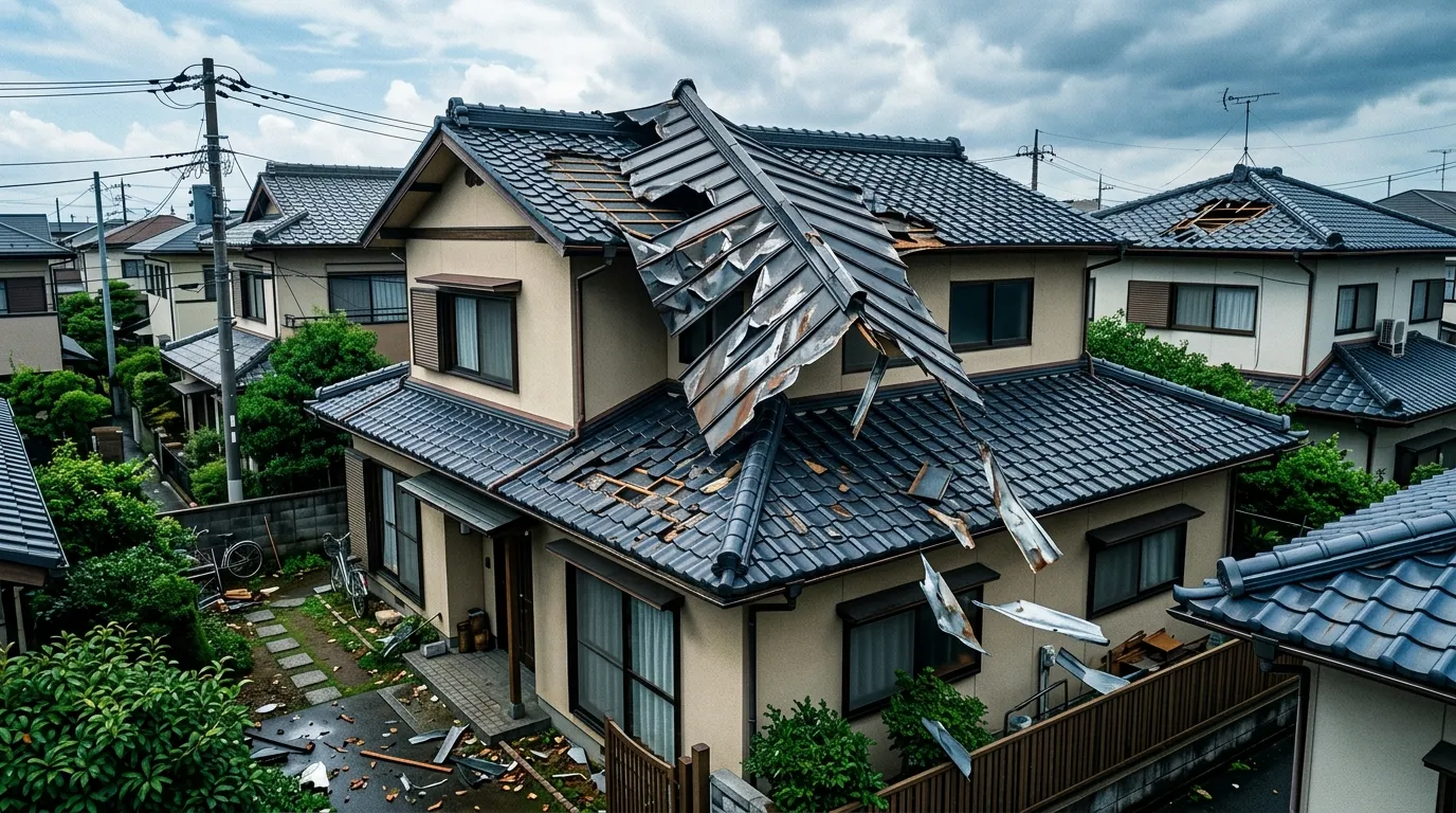 台風によって棟板金がめくれ上がり、飛散している屋根の写真。被害の深刻さが伝わるような実際の施工事例写真が望ましい。]