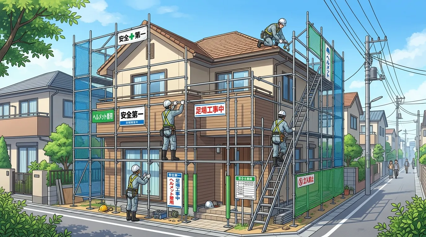 住宅の周りに適切に組まれた足場の全景写真。安全対策が施されている様子が伝わるもの。]