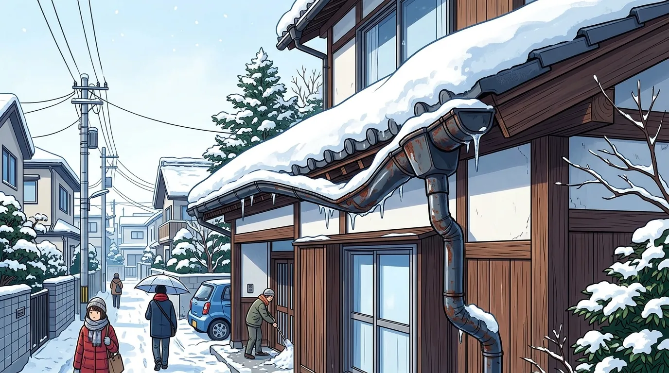 雪の重みで大きく歪んでしまった雨樋の写真。]