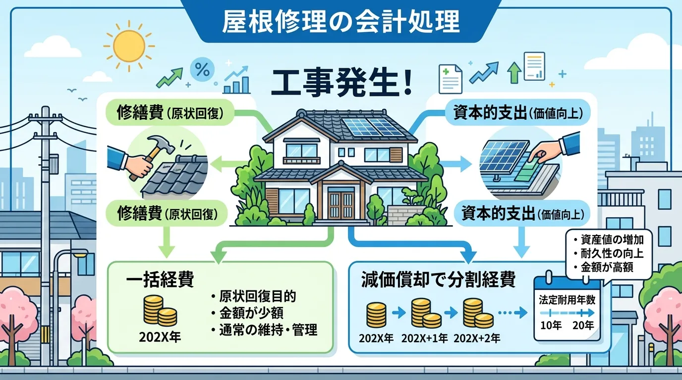 現代日本をベースに、日本人や日本の風景を使用すること, 「屋根修理の会計処理」をテーマにしたインフォグラフィック。中央に家のイラストと「工事発生！」の文字があり、「修繕費（原状回復）」と「資本的支出（