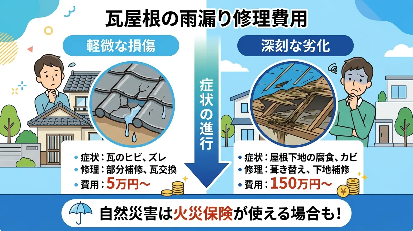 現代日本をベースに、日本人や日本の風景を使用すること, 「瓦屋根の雨漏り修理費用」というタイトルのインフォグラフィック。デジタルイラスト、フラットデザイン。画面を左右に分割した比較図で、左に「軽微な損