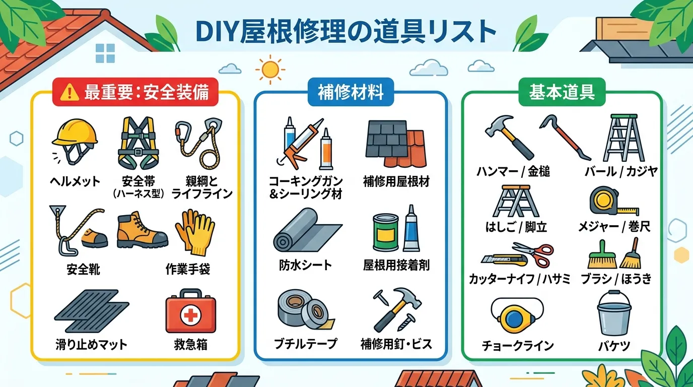 現代日本をベースに、日本人や日本の風景を使用すること, 「DIY屋根修理の道具リスト」というタイトルのインフォグラフィック。フラットデザインのデジタルイラストで作成。「最重要：安全装備」「補修材料」「