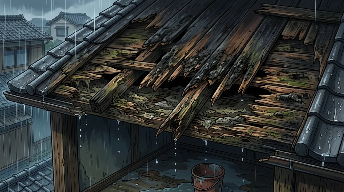 雨漏りによって腐食し、黒く変色してボロボロになった野地板のクローズアップ写真。下地の重要性を視覚的に訴える。]