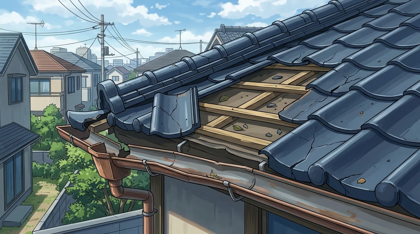 修理前の屋根の被害状況を写した写真（例：台風でずれた瓦、雹で割れたスレート、大雪で歪んだ雨樋など）]