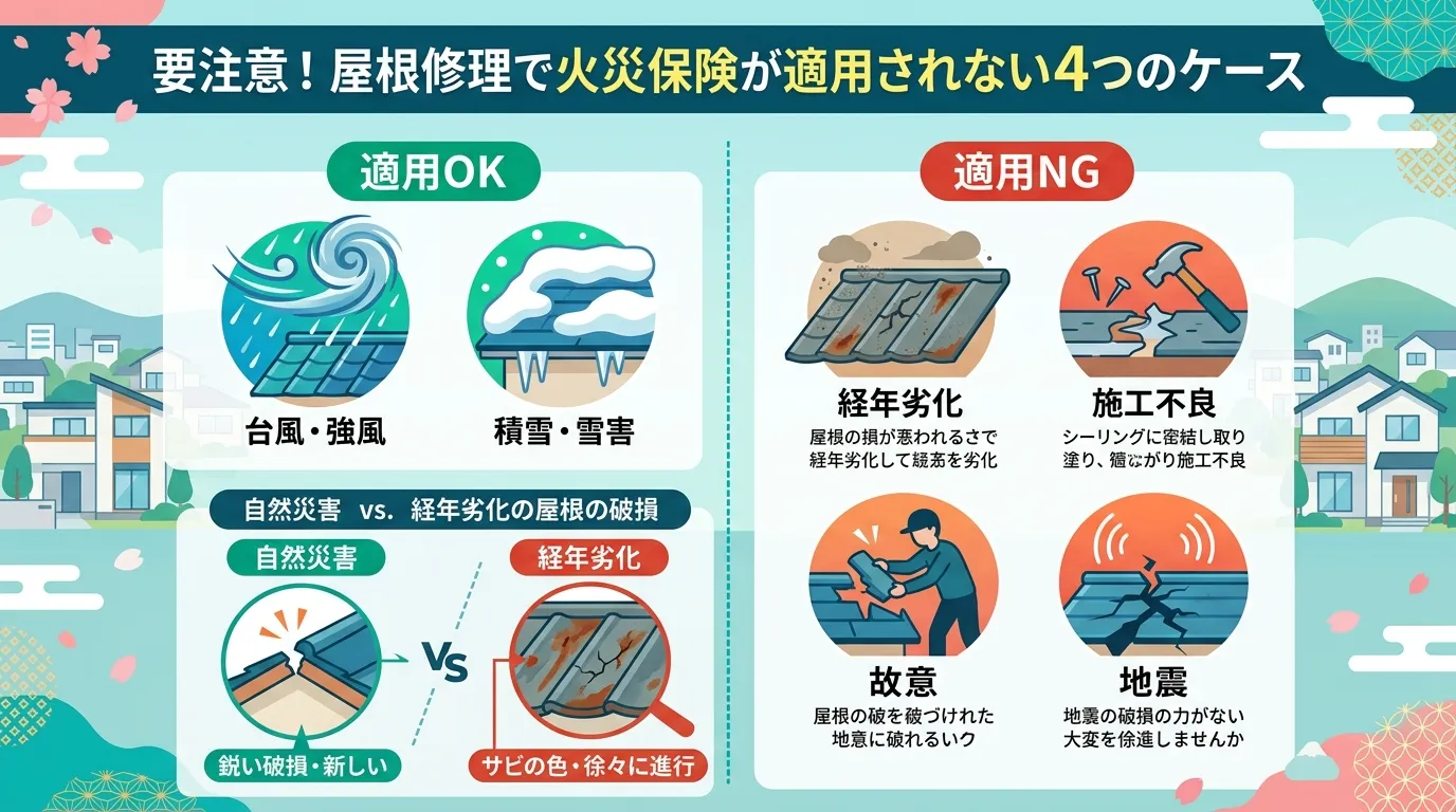 現代日本をベースに、日本人や日本の風景を使用すること, インフォグラフィック、フラットなデジタルイラスト。「要注意！屋根修理で火災保険が適用されない4つのケース」というタイトル。画面を大きく左右に分割