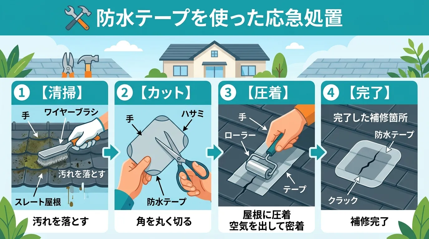 現代日本をベースに、日本人や日本の風景を使用すること, DIY屋根修理のインフォグラフィック。「防水テープを使った応急処置」というタイトル。フラットデザインのステップ図で、4つの手順を描く。1.ワイヤ