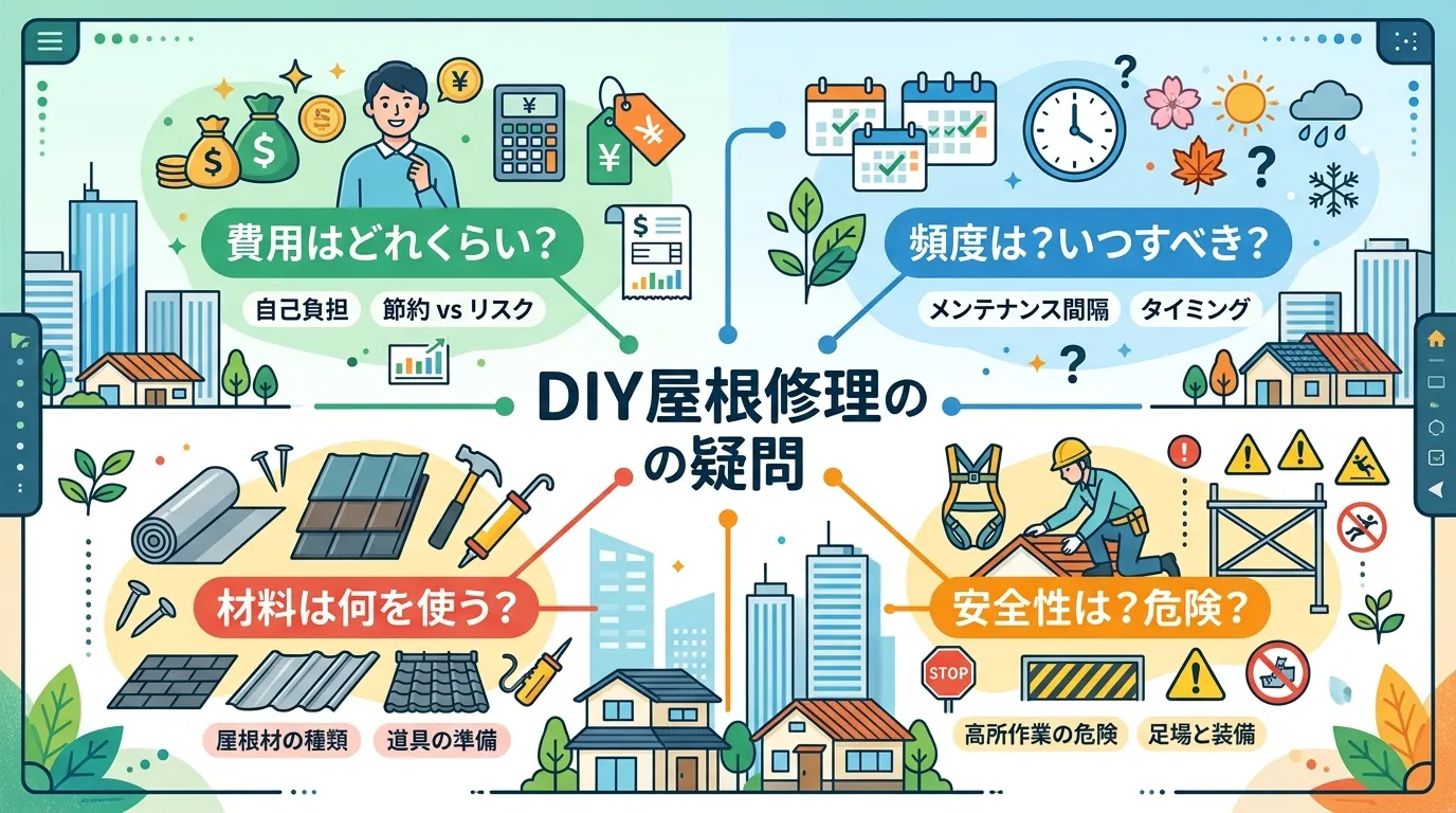 現代日本をベースに、日本人や日本の風景を使用すること, インフォグラフィック、図解。「DIY屋根修理の疑問」というテーマで、中央のタイトルから4つの質問（費用・頻度・安全性・材料）が放射状に伸びる構成