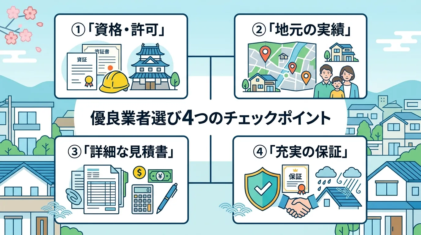 現代日本をベースに、日本人や日本の風景を使用すること, 「信頼できる屋根修理業者の探し方」をテーマにしたインフォグラフィック。中央に「優良業者選び4つのチェックポイント」という日本語タイトルを配置。そ