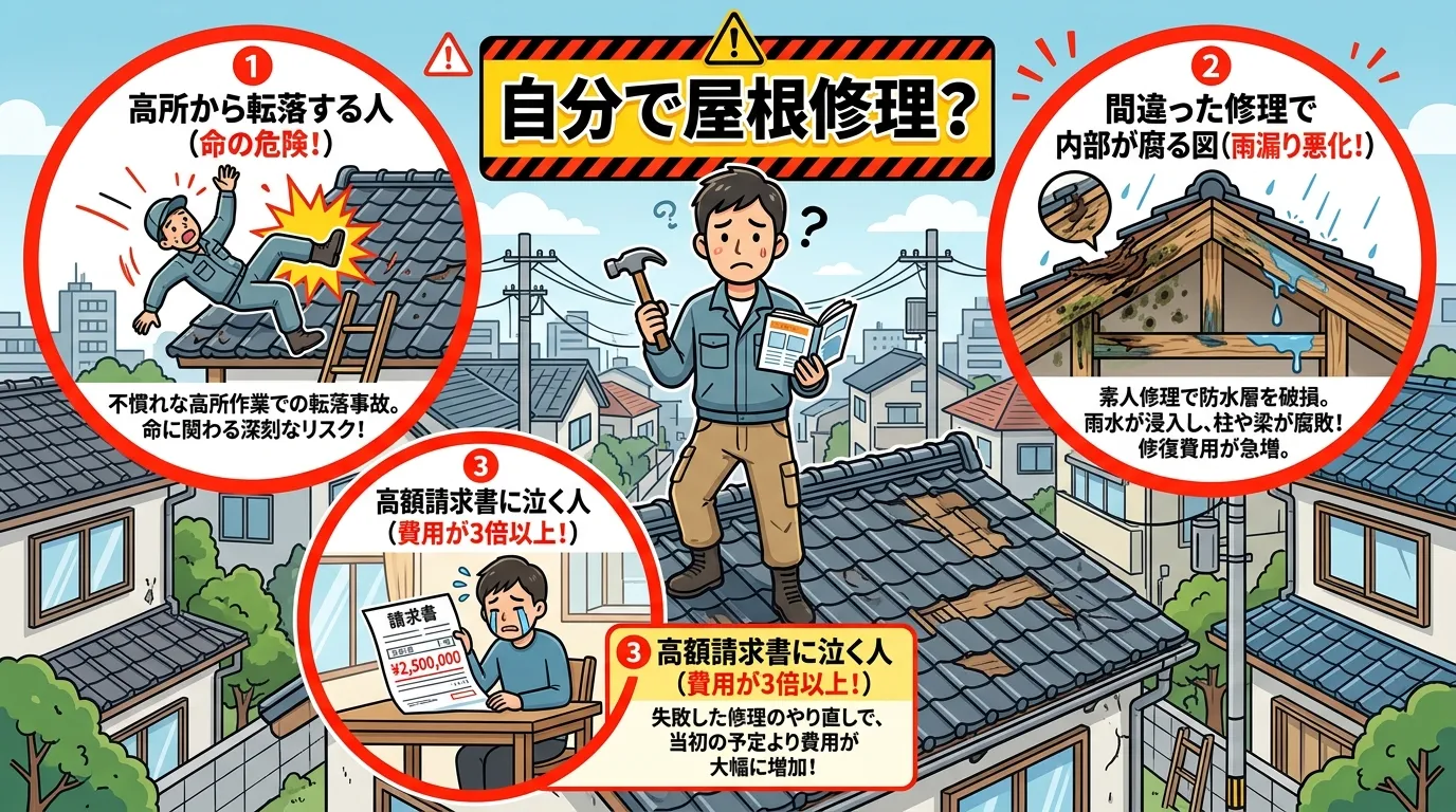 現代日本をベースに、日本人や日本の風景を使用すること, 屋根修理DIYの危険性を伝えるインフォグラフィック。中央に「自分で屋根修理？」の文字と困った顔の人物を配置。その周りに大きなアイコンで「高所から
