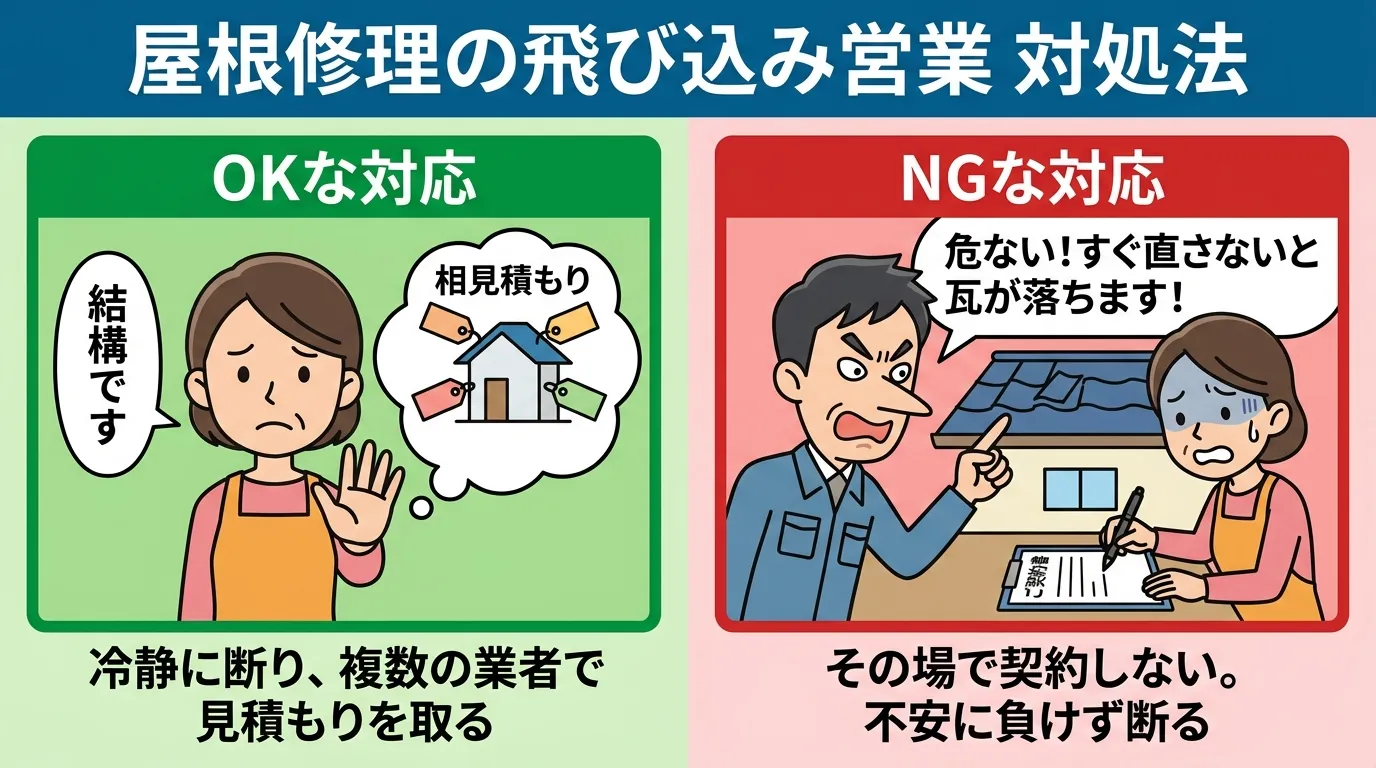 現代日本をベースに、日本人や日本の風景を使用すること, 「屋根修理の飛び込み営業」対処法のインフォグラフィック。画面を2分割した比較図。左側は緑色背景で「OKな対応」、困った顔の主婦が冷静に断るイラス