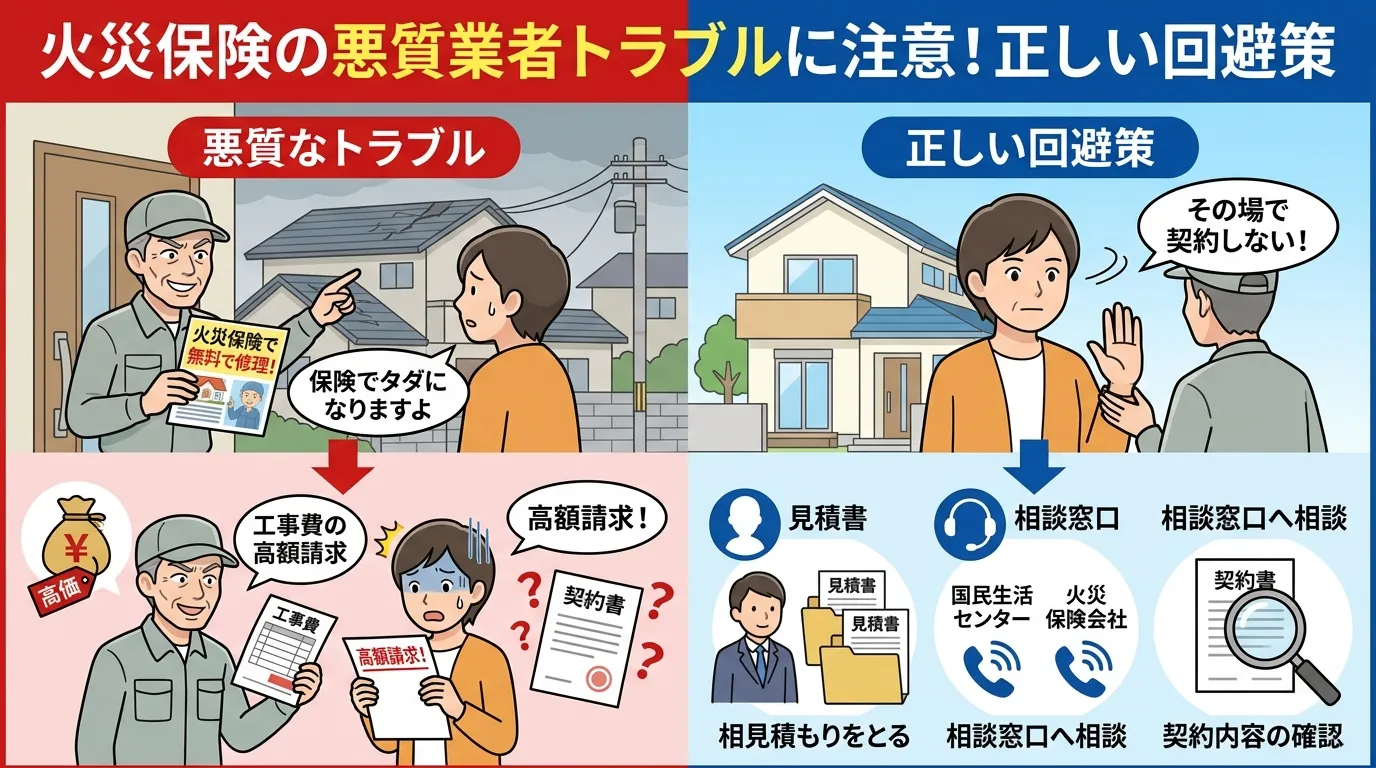 現代日本をベースに、日本人や日本の風景を使用すること, 火災保険の悪質業者トラブルと回避策をテーマにしたインフォグラフィック。親しみやすいデジタルイラストで、画面を左右に分割。左側には赤色を基調に、怪