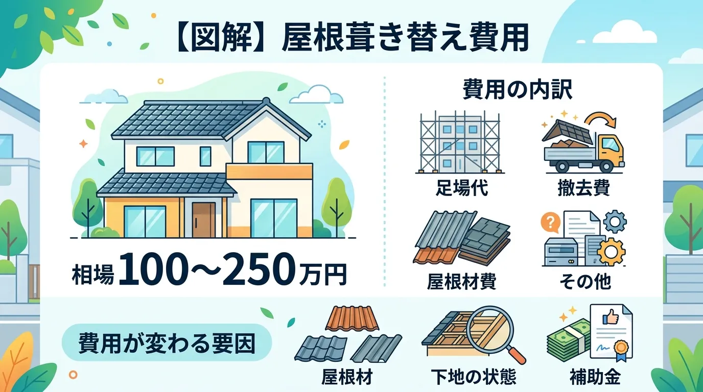 現代日本をベースに、日本人や日本の風景を使用すること, 「屋根葺き替え費用」をテーマにしたインフォグラフィック。中央に「【図解】屋根葺き替え費用」とタイトルを配置。左に家のイラストと「相場 100～2