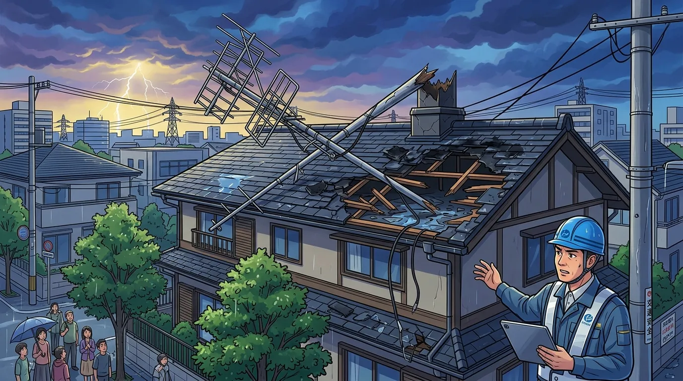 落雷で根元から折れて倒れたテレビアンテナと、それによって傷ついたスレート屋根の写真。]