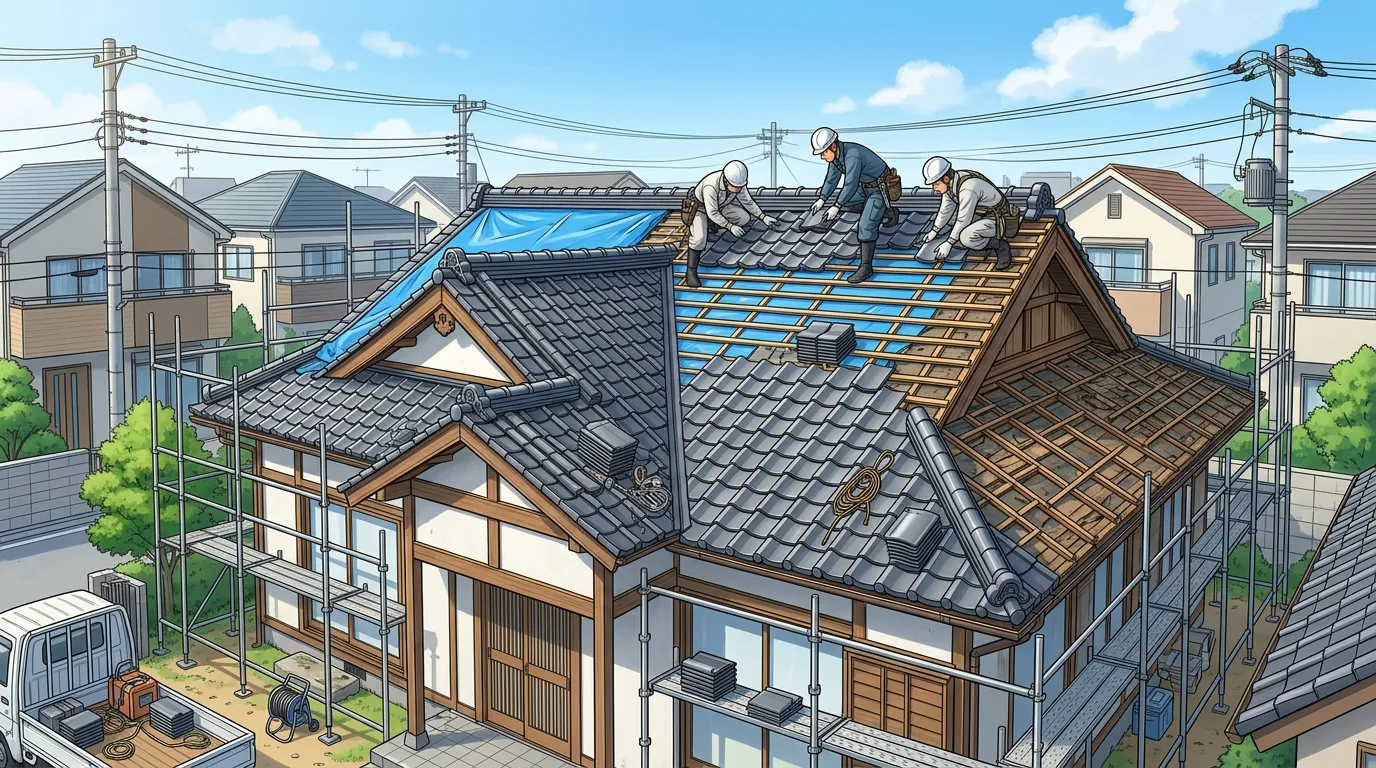 職人が瓦屋根全体の葺き替え工事を行っている広範囲の写真。キャプション例：屋根下地まで劣化が進行した場合、葺き替えなどの大規模な工事が必要になる。]