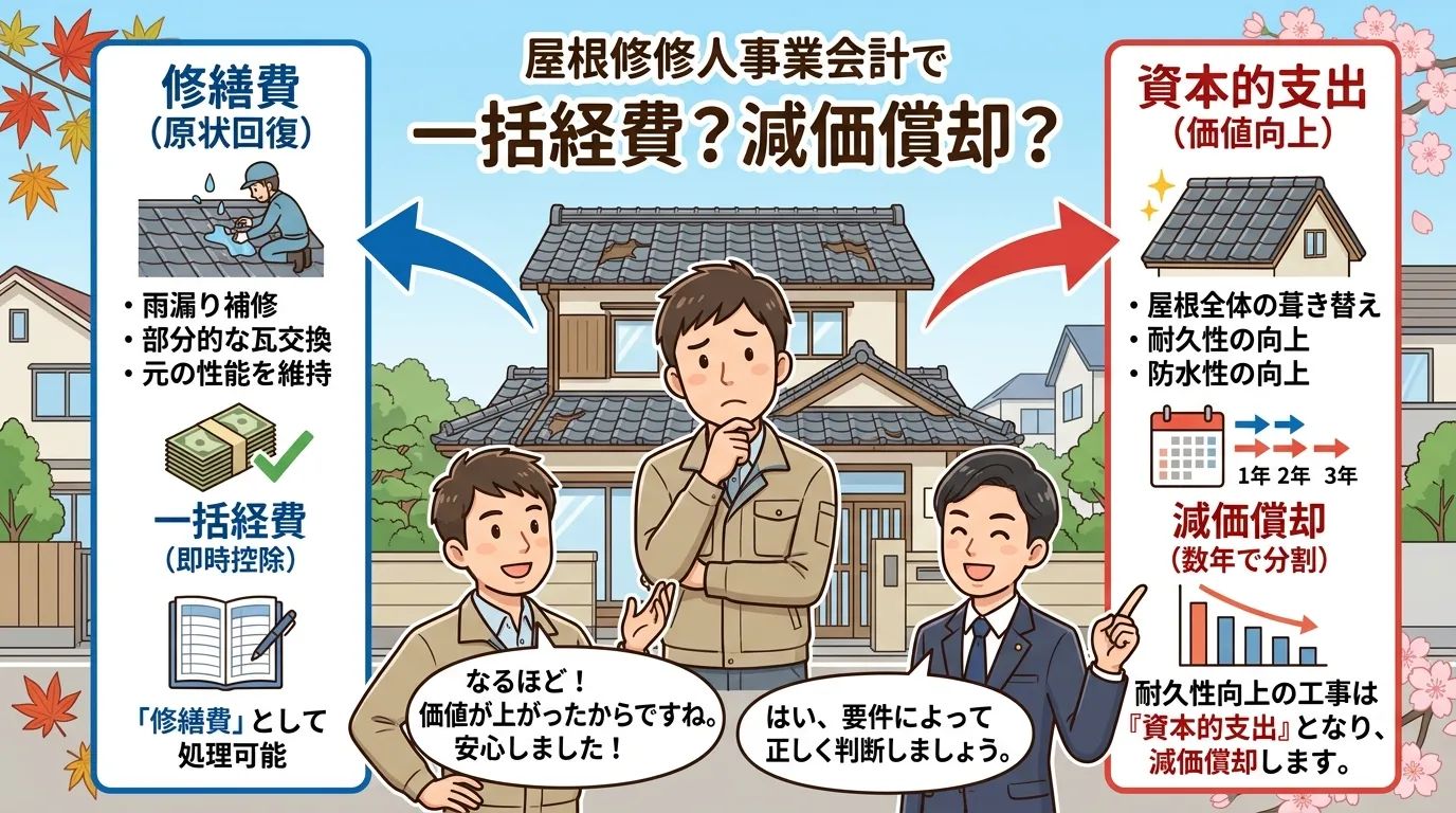 現代日本をベースに、日本人や日本の風景を使用すること, 屋根修理の会計処理を解説するインフォグラフィック。中央で「一括経費？減価償却？」と悩む個人事業主と、左右に「修繕費（原状回復）」と「資本的支出（