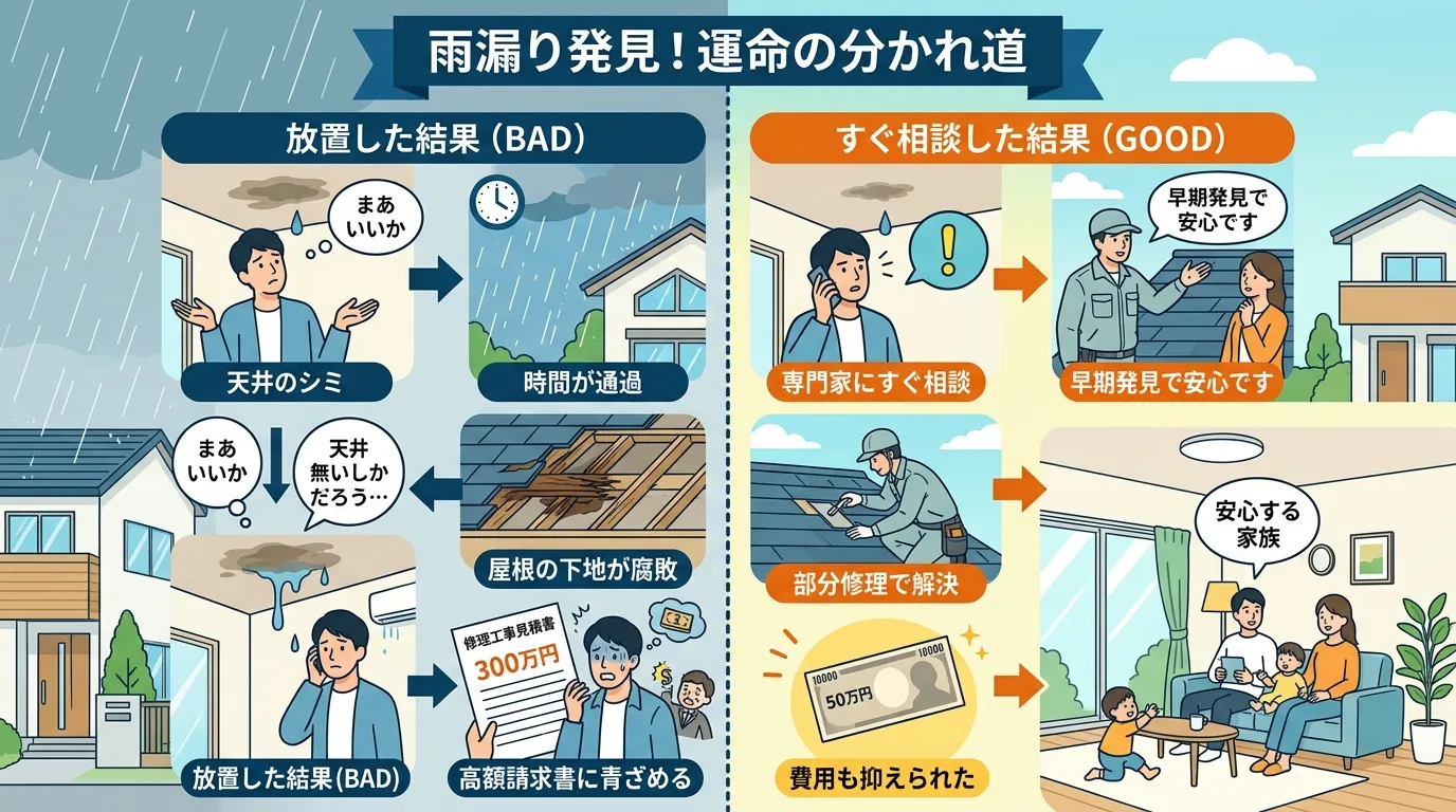 現代日本をベースに、日本人や日本の風景を使用すること, インフォグラフィック。タイトルは「雨漏り発見!運命の分かれ道」。左右2分割の比較図。左側は「放置した結果(BAD)」:天井のシミを放置する人物か