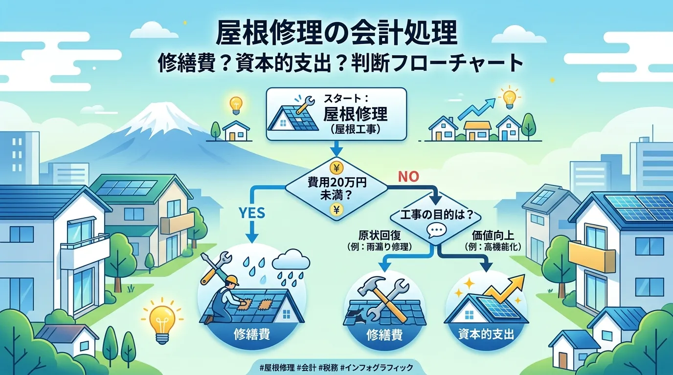 現代日本をベースに、日本人や日本の風景を使用すること, 「屋根修理の会計処理」をテーマにしたインフォグラフィック。中央に「修繕費？資本的支出？判断フローチャート」とタイトルを配置。スタートの「屋根修理