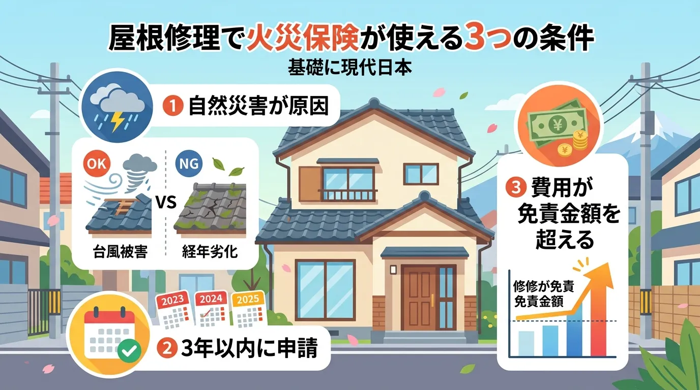現代日本をベースに、日本人や日本の風景を使用すること, 「屋根修理で火災保険が使える3つの条件」というタイトルのインフォグラフィック。中央に家のイラストを配置し、その周りに番号付きの3つの条件をアイコ