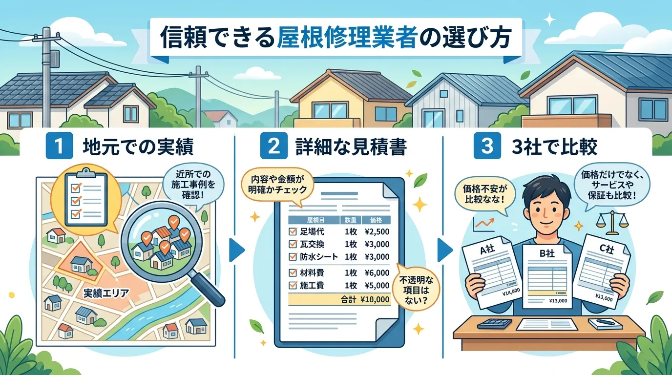 現代日本をベースに、日本人や日本の風景を使用すること, 「信頼できる屋根修理業者の選び方」というタイトルのインフォグラフィック。3つのステップでポイントを図解する。1:「地元での実績」を地図と虫眼鏡の