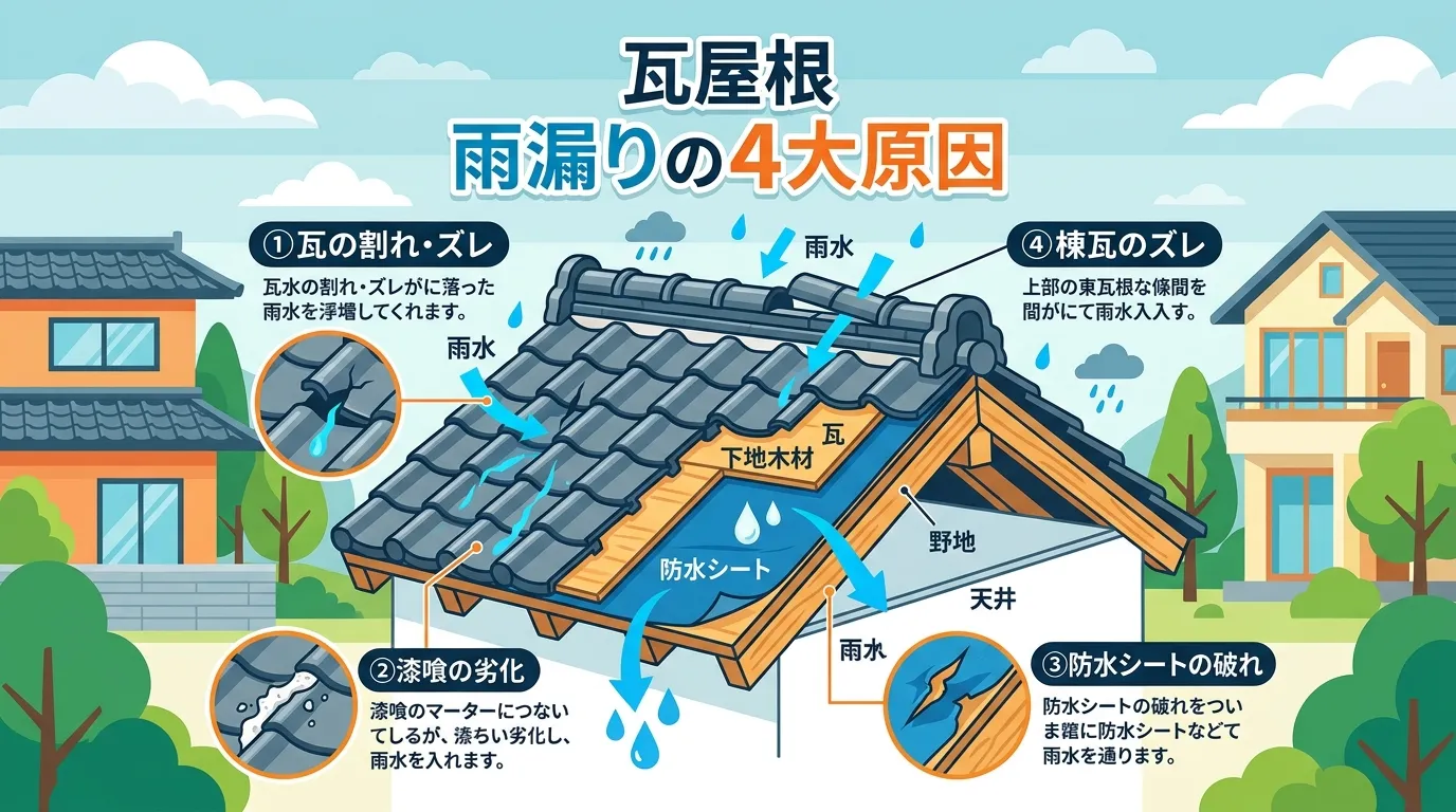 現代日本をベースに、日本人や日本の風景を使用すること, 瓦屋根の雨漏りの4つの原因を解説するインフォグラフィック。中央に屋根の断面図を配置し、「①瓦の割れ・ズレ」「②漆喰の劣化」「③防水シートの破れ」