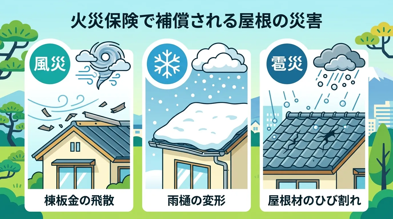 現代日本をベースに、日本人や日本の風景を使用すること, 「火災保険で補償される屋根の災害」というタイトルのインフォグラフィック。フラットデザインのデジタルイラストで、3つのセクションに分ける。左に「風