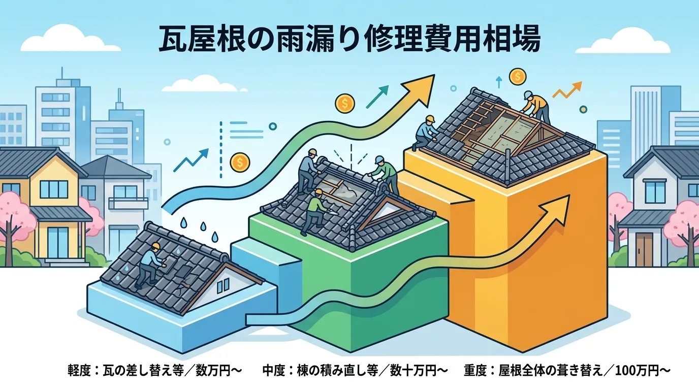 現代日本をベースに、日本人や日本の風景を使用すること, 「瓦屋根の雨漏り修理費用相場」というタイトルのインフォグラフィック。症状が軽度から重度になるにつれて費用が階段状に上がっていく様子を図解する。左