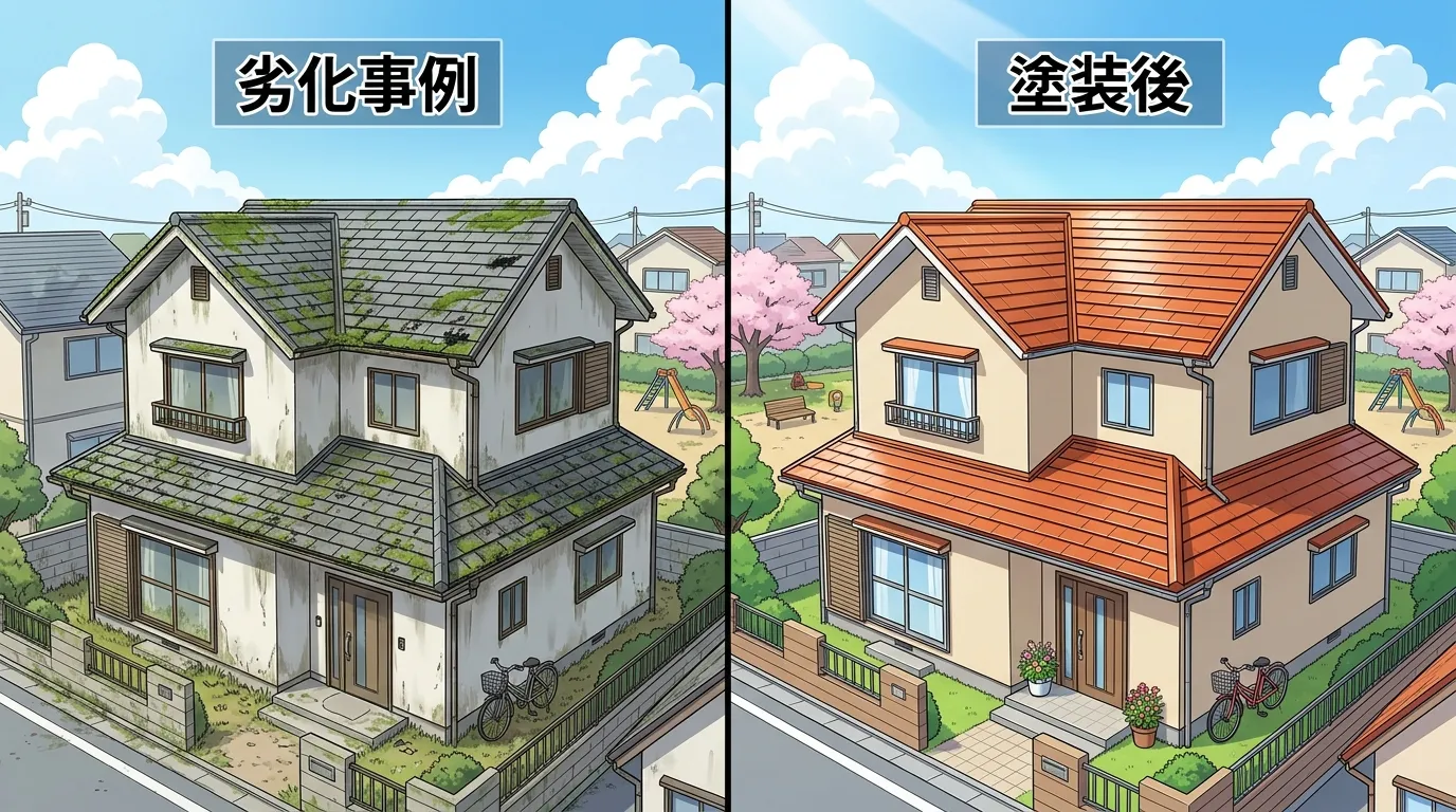 一般的な建売住宅などでよく見られるスレート屋根の写真。コケや色褪せが目立つ劣化事例と、塗装後の綺麗な状態を比較できる写真があればより効果的。]