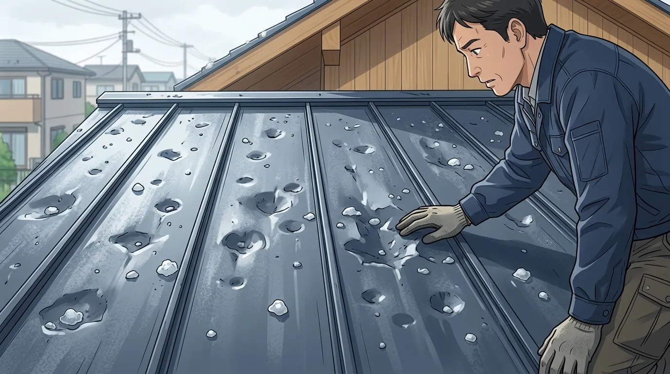 雹が当たって表面がボコボコに凹んでしまったガルバリウム鋼板屋根のクローズアップ写真。]