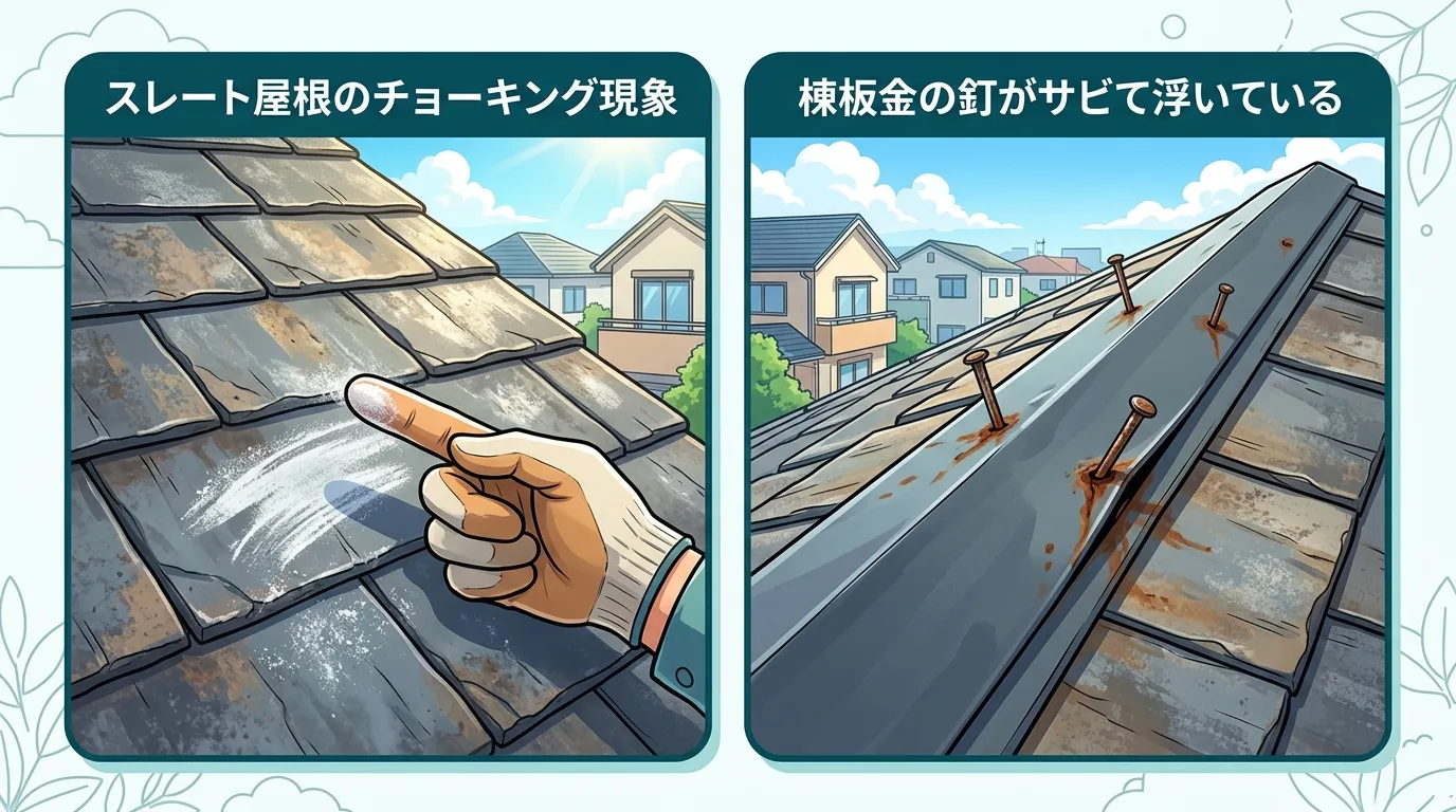 経年劣化の具体例として、「スレート屋根のチョーキング現象が起きている写真」と「棟板金の釘がサビて浮いている写真」を並べて掲載する。]