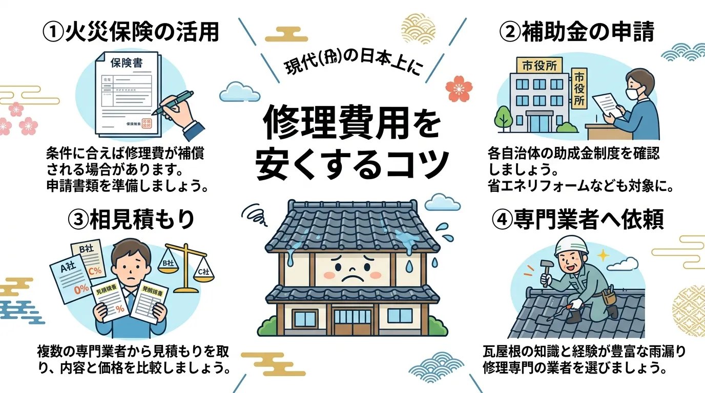 現代日本をベースに、日本人や日本の風景を使用すること, インフォグラフィック、瓦屋根の雨漏り修理費用を安く抑える4つの方法の図解。中央に「修理費用を安くするコツ」というタイトルと困った表情の家のイラス