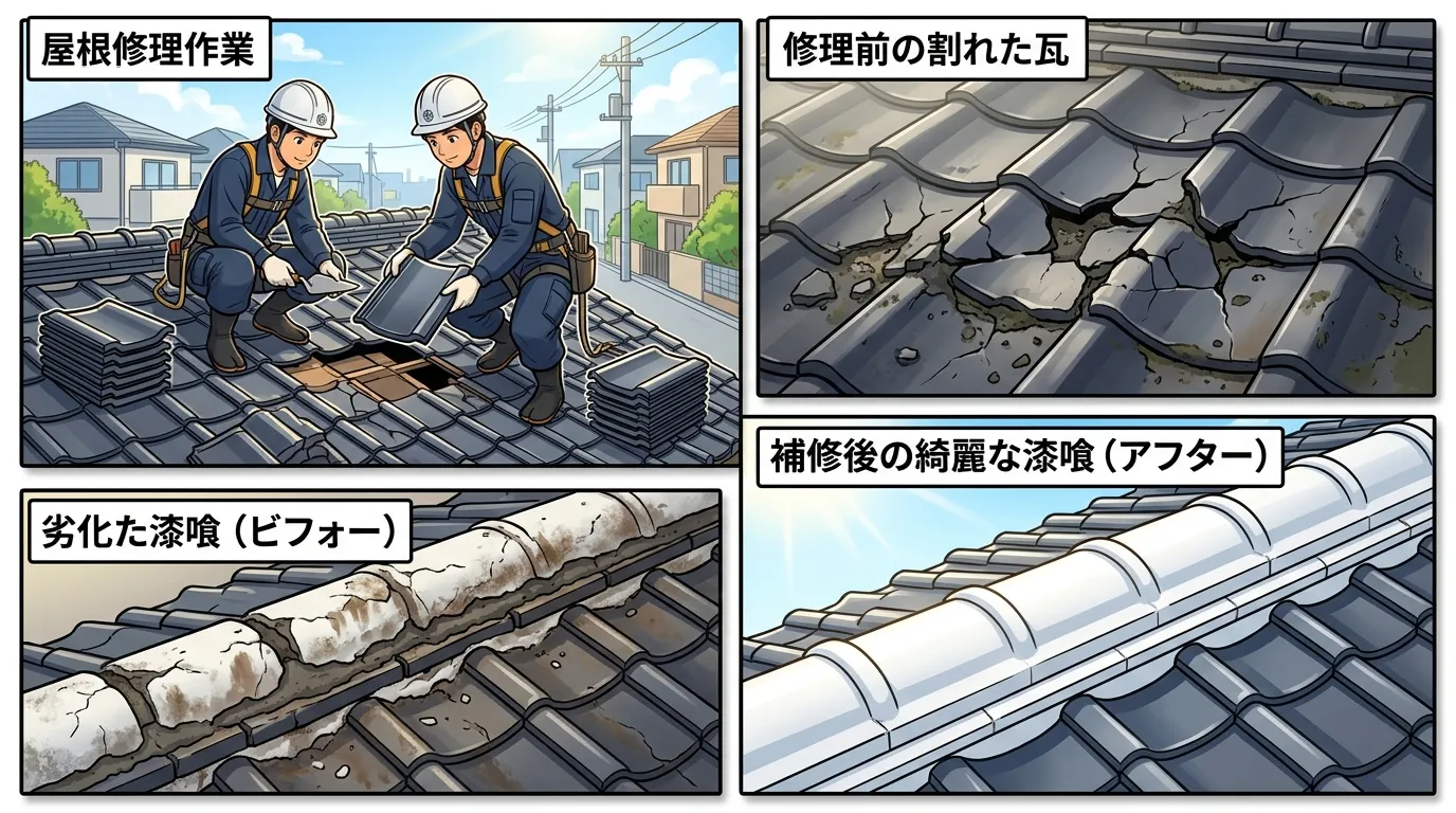 割れた瓦を新しい瓦に差し替えている作業中の写真と、劣化した漆喰（ビフォー）と補修後の綺麗な漆喰（アフター）の比較写真]