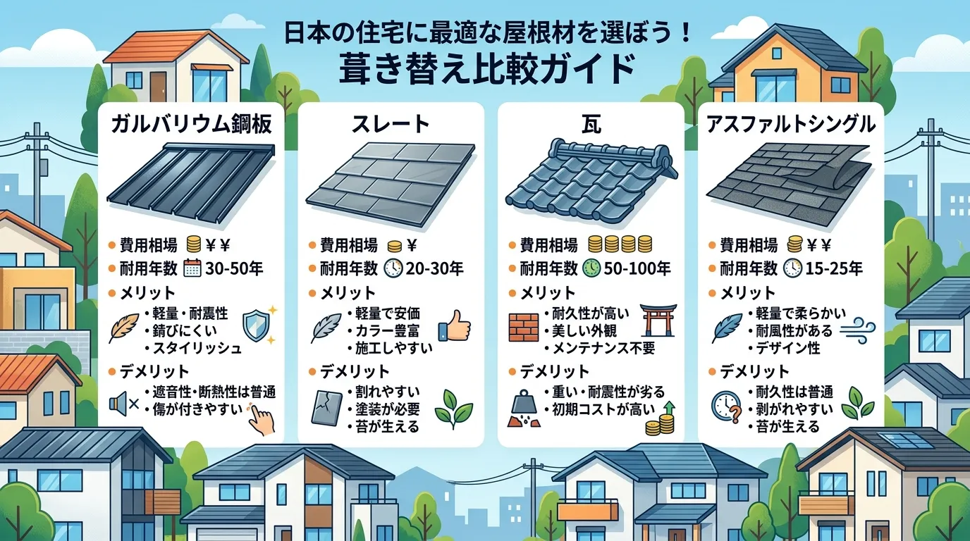 現代日本をベースに、日本人や日本の風景を使用すること, 屋根材の葺き替え比較インフォグラフィック。モダンで分かりやすいデジタルイラストスタイル。画面を4分割し「ガルバリウム鋼板」「スレート」「瓦」「ア