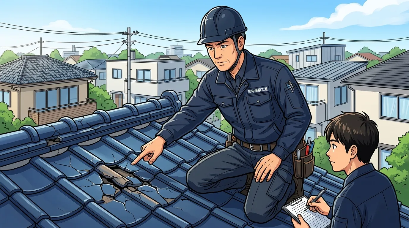 屋根修理業者の専門家が、真剣な表情で屋根の損傷箇所を指さしながら診断している様子の写真。信頼性と専門性を伝える。]