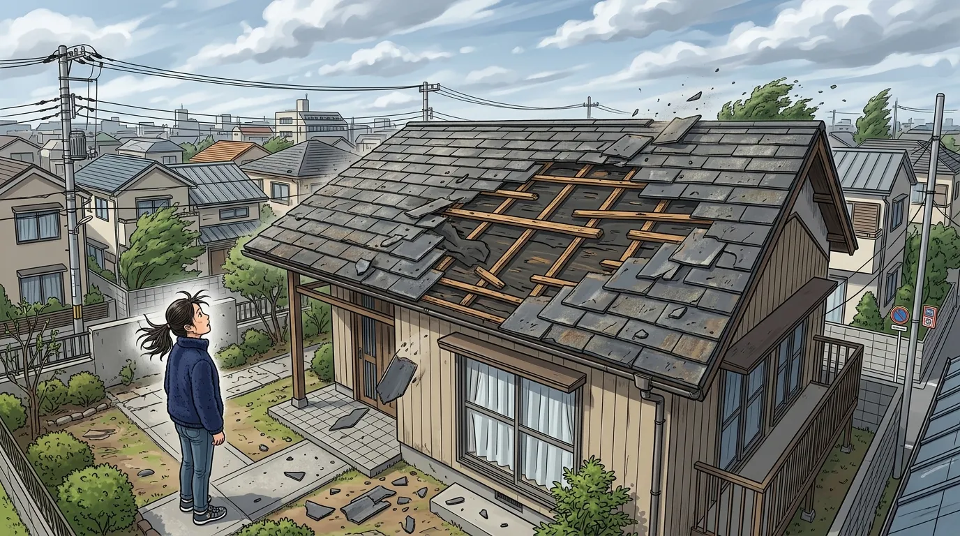 強風でスレートの一部が剥がれ落ち、下地が見えている屋根の写真。]