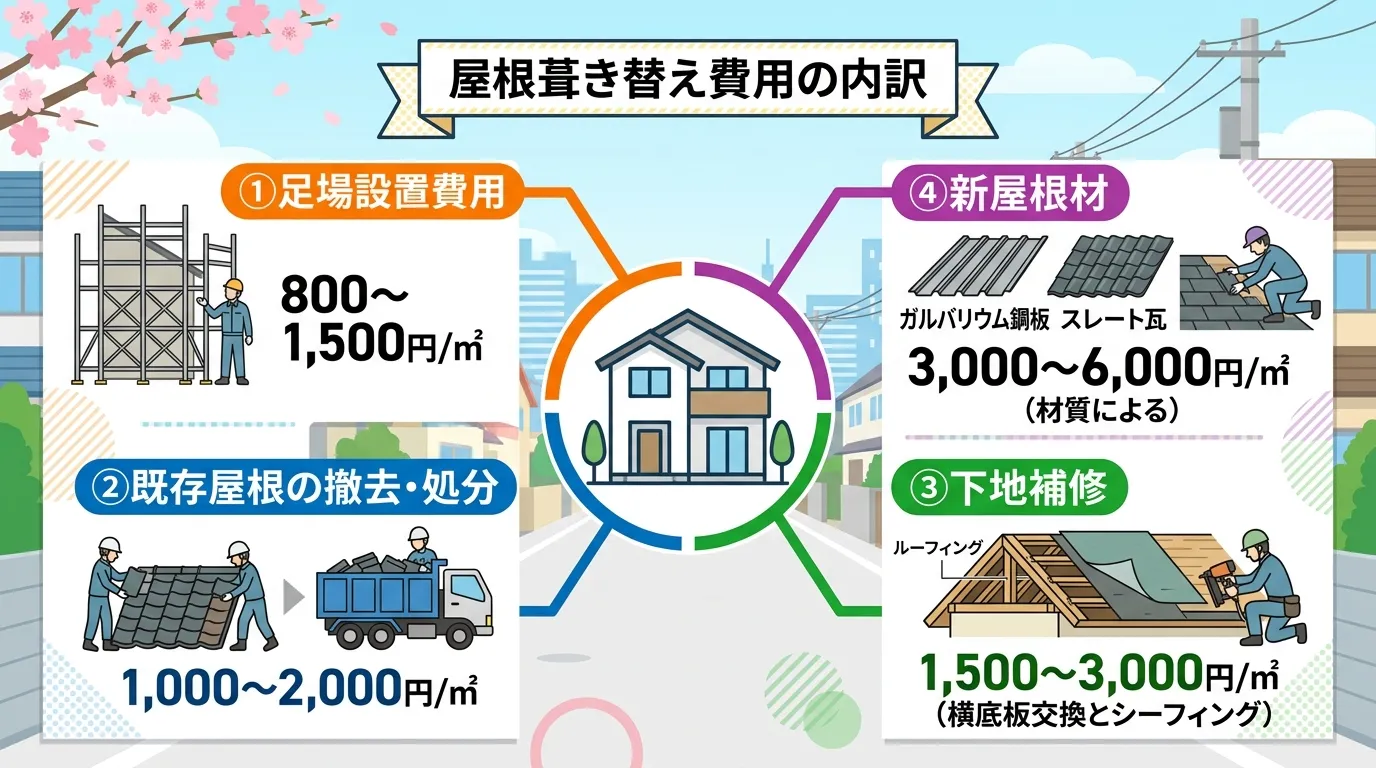 現代日本をベースに、日本人や日本の風景を使用すること, 「屋根葺き替え費用の内訳」をテーマにしたインフォグラフィック。フラットデザインのデジタルイラストで、明るく分かりやすい。中央に家のアイコンを配置