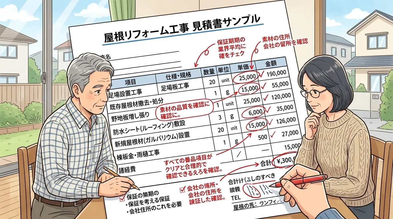 実際に使われた見積書の見本。各項目（足場設置、既存屋根材撤去、野地板増し張り、防水シート、新規屋根材、棟板金など）とそれぞれの単価、数量、金額が明記されているもの。どこをチェックすべきかポイントを赤枠
