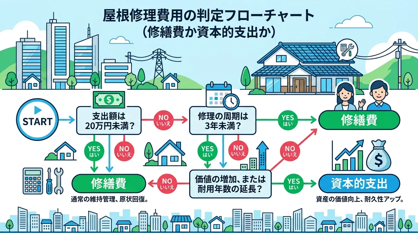 現代日本をベースに、日本人や日本の風景を使用すること, 屋根修理の費用が「修繕費」か「資本的支出」かを判断するためのインフォグラフィック。「START」から始まり、「支出額は20万円未満？」などの質問