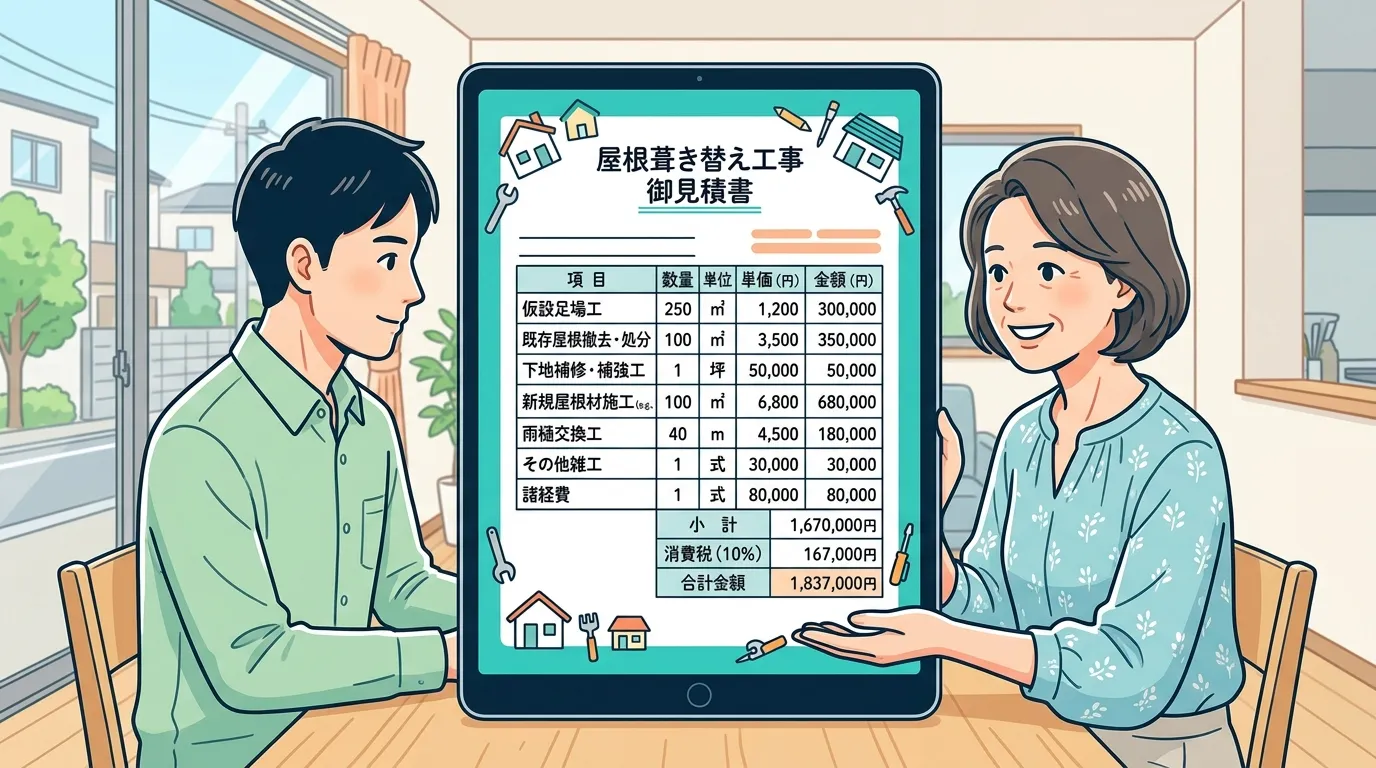 実際の屋根葺き替え工事の見積書サンプル。各項目（足場、撤去費、下地補修費、屋根材費など）がどのように記載され、単価と数量から金額が計算されているかを示す画像]
