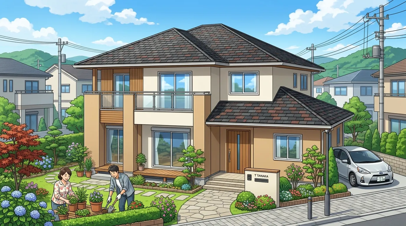 アスファルトシングルの特徴である立体感や色のグラデーションがよくわかる、おしゃれな洋風住宅の屋根の写真。]