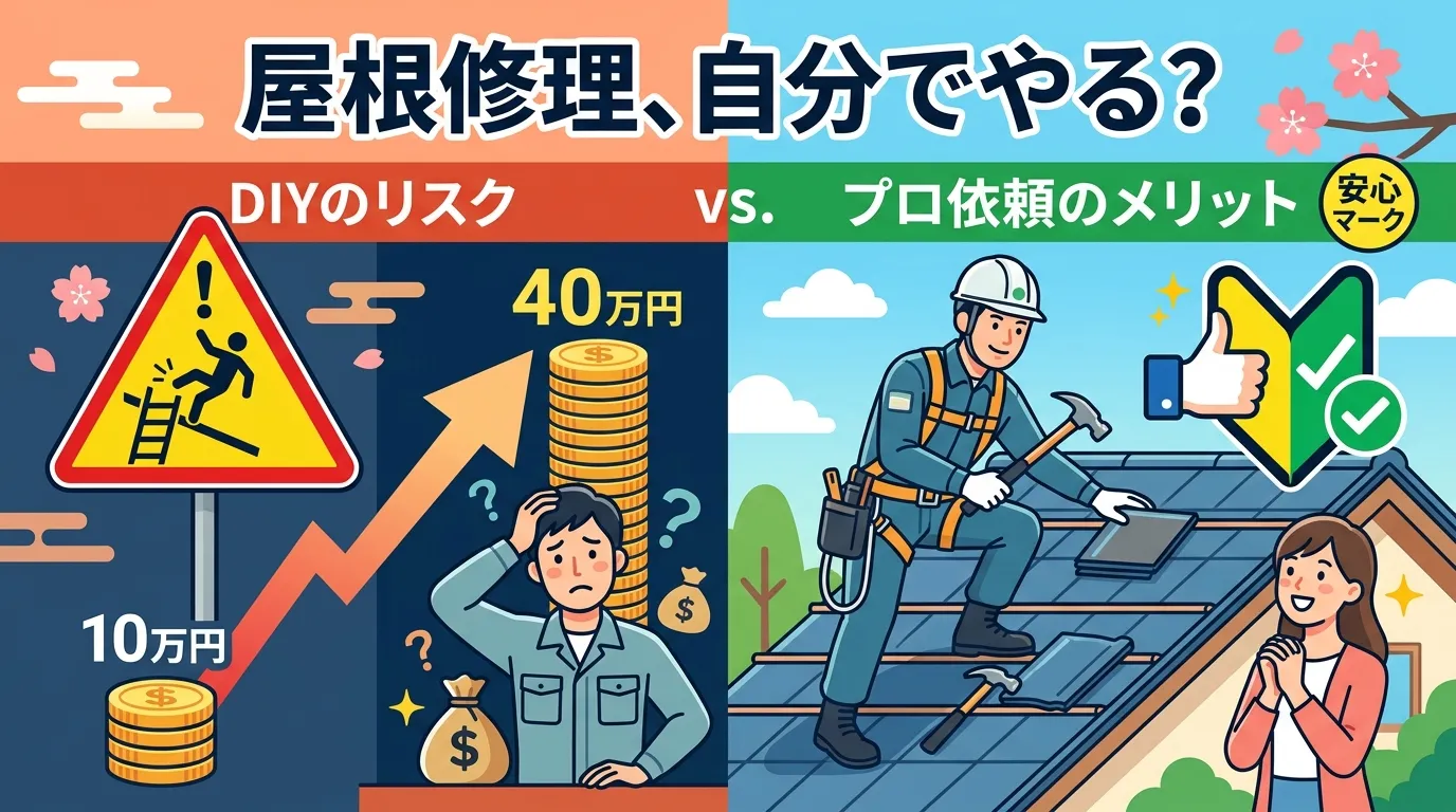 現代日本をベースに、日本人や日本の風景を使用すること, 「屋根修理、自分でやる？」というタイトルのインフォグラフィック。フラットデザインのデジタルイラストで、画面を左右に分割し「DIYのリスク」と「プ