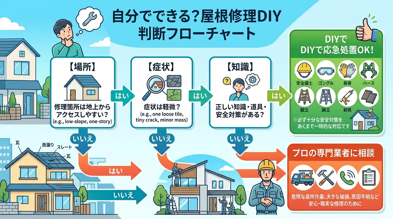 現代日本をベースに、日本人や日本の風景を使用すること, 屋根修理を自分でできるか判断するためのインフォグラフィック。親しみやすいデジタルイラストのフローチャート形式で、「場所」「症状」「知識」の3つの
