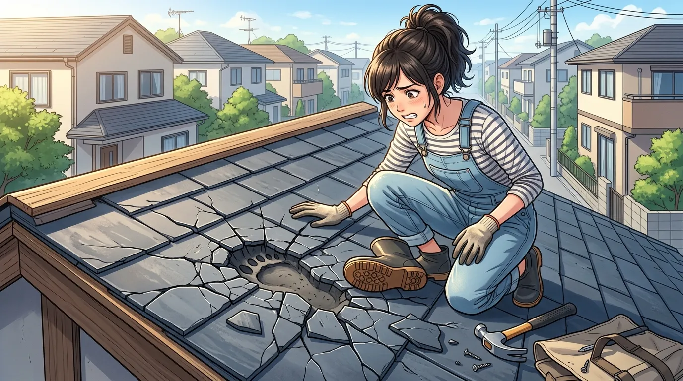 DIY作業中に誤って踏み割ってしまったスレート屋根の写真（ひび割れが悪化している様子がわかるもの）]