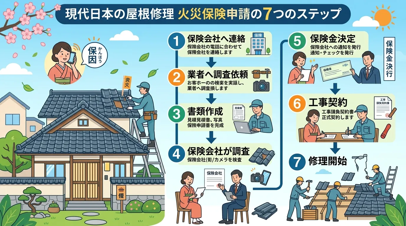 現代日本をベースに、日本人や日本の風景を使用すること, 屋根修理の火災保険申請の7つのステップを示すインフォグラフィック。1から7の番号が付いたアイコンが上から下へ矢印で繋がるステップ図。「①保険会社