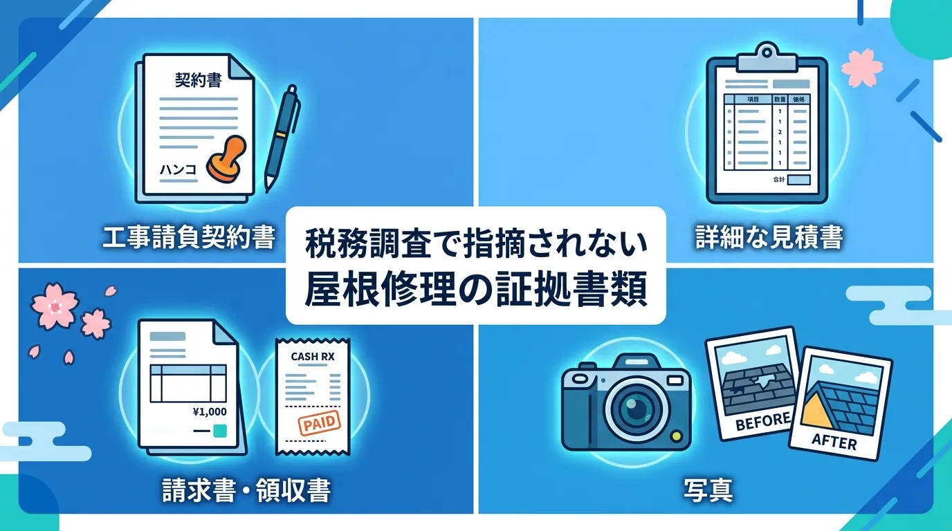 現代日本をベースに、日本人や日本の風景を使用すること, 「税務調査で指摘されない屋根修理の証拠書類」というタイトルのインフォグラフィック。中央にタイトルを配置し、その周りに準備すべき4つの重要書類をア