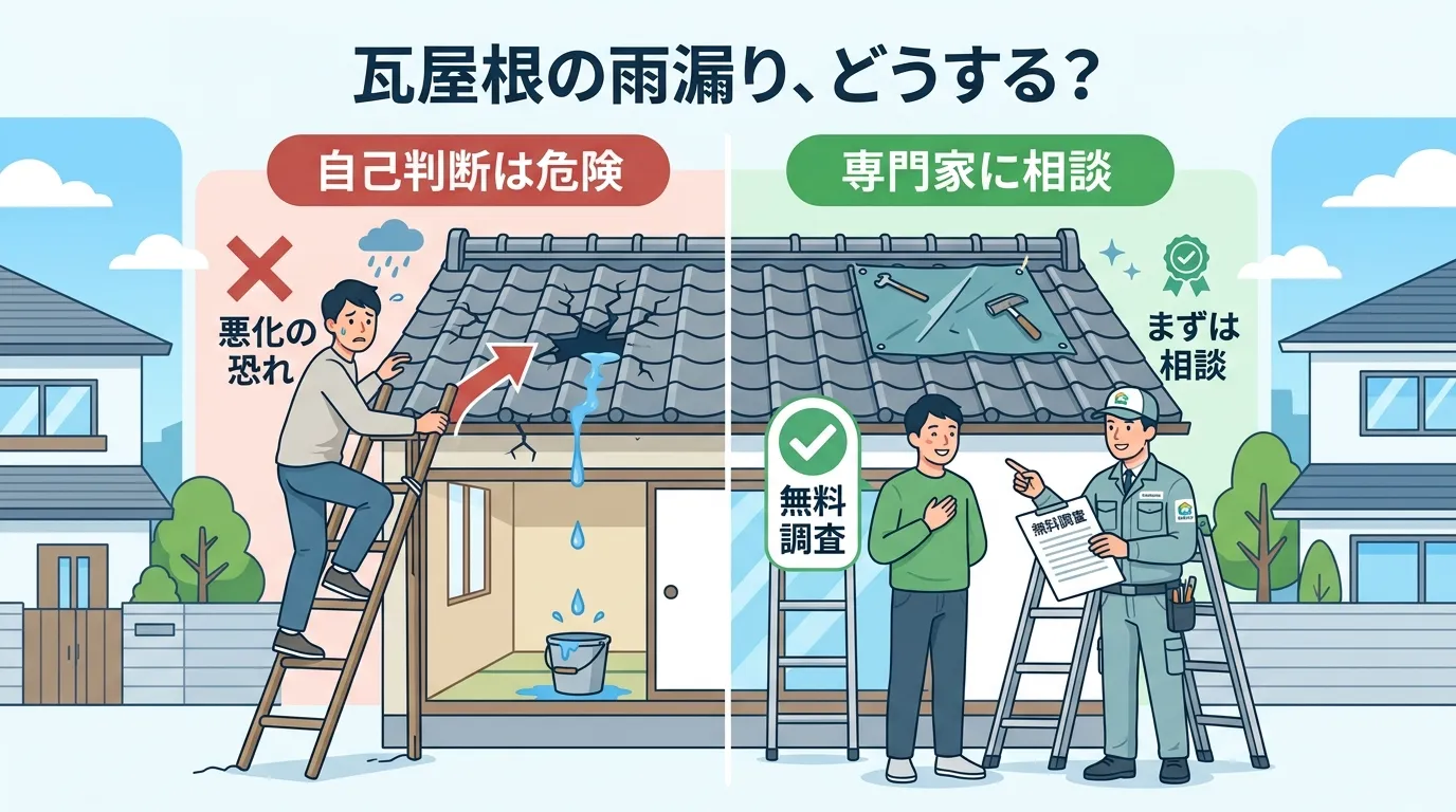 現代日本をベースに、日本人や日本の風景を使用すること, 「瓦屋根の雨漏り修理」をテーマにしたインフォグラフィック。フラットデザインの明るいデジタルイラスト。画面を左右に分割した比較図。左側には「自己判