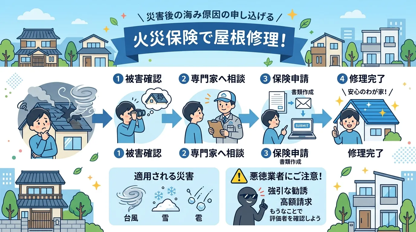 現代日本をベースに、日本人や日本の風景を使用すること, 「屋根修理の火災保険申請」をテーマにしたインフォグラフィック。中央に「火災保険で屋根修理！」のタイトル。台風で壊れた屋根を見て困る人から始まり、