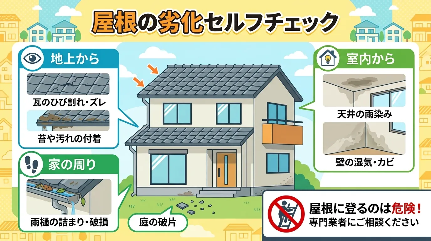 現代日本をベースに、日本人や日本の風景を使用すること, 「屋根の劣化セルフチェック」というタイトルのインフォグラフィック。中央に一軒家のイラストを配置し、その周りに「地上から」「家の周り」「室内から」