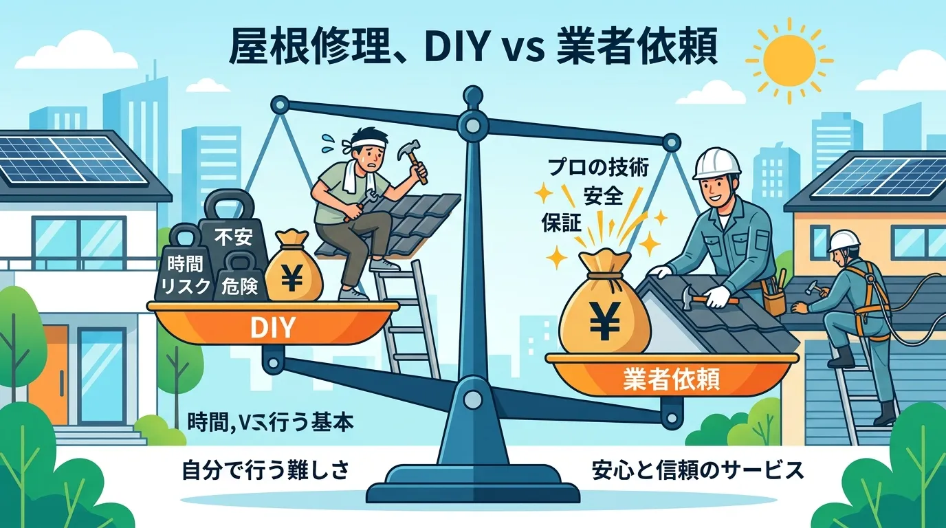 現代日本をベースに、日本人や日本の風景を使用すること, インフォグラフィック、デジタルイラスト風。「屋根修理、DIY vs 業者依頼」というタイトル。中央の天秤が、左の「DIY」と右の「業者依頼」を比